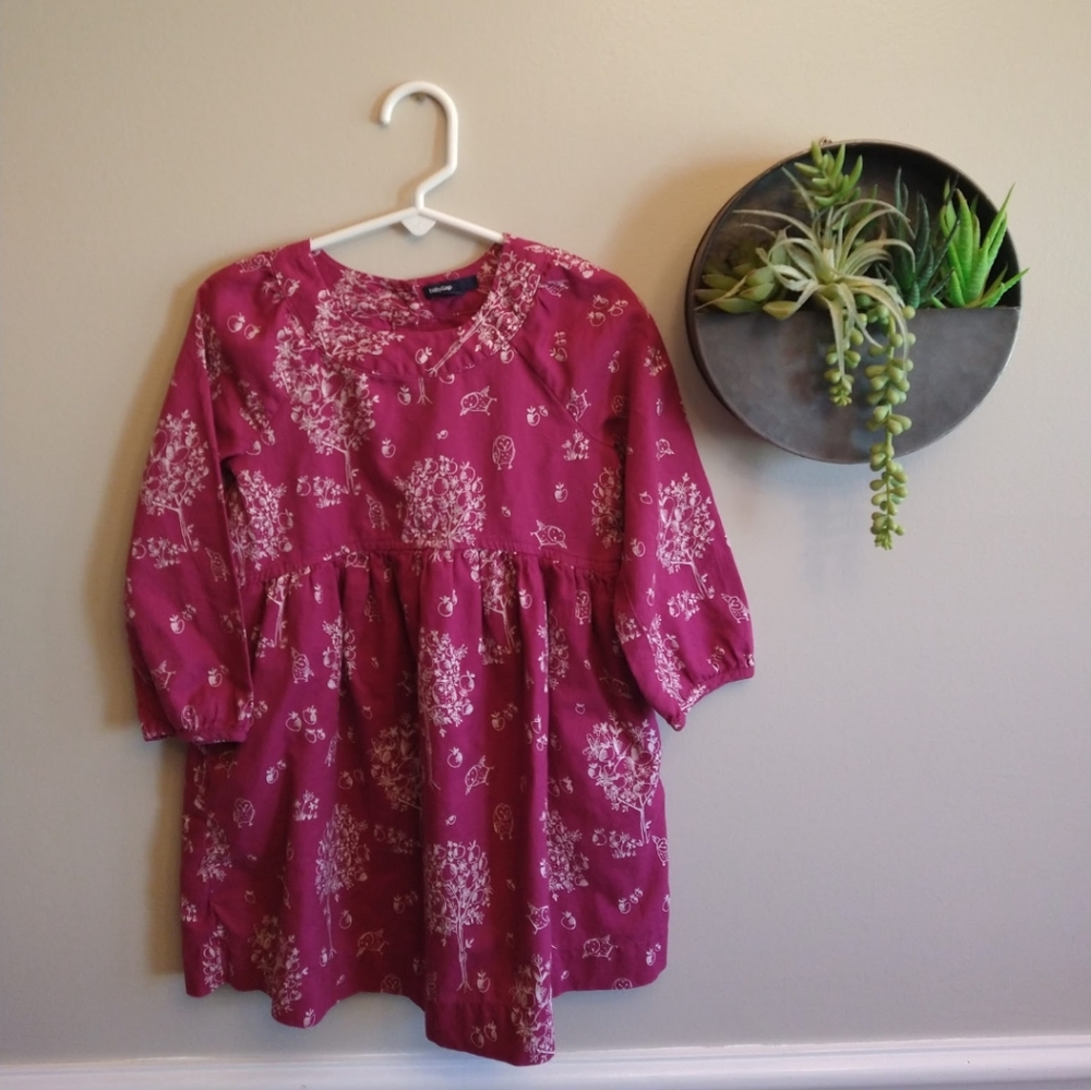 BabyGap fuchsia pink long sleeve dress with white apple tree and owl print